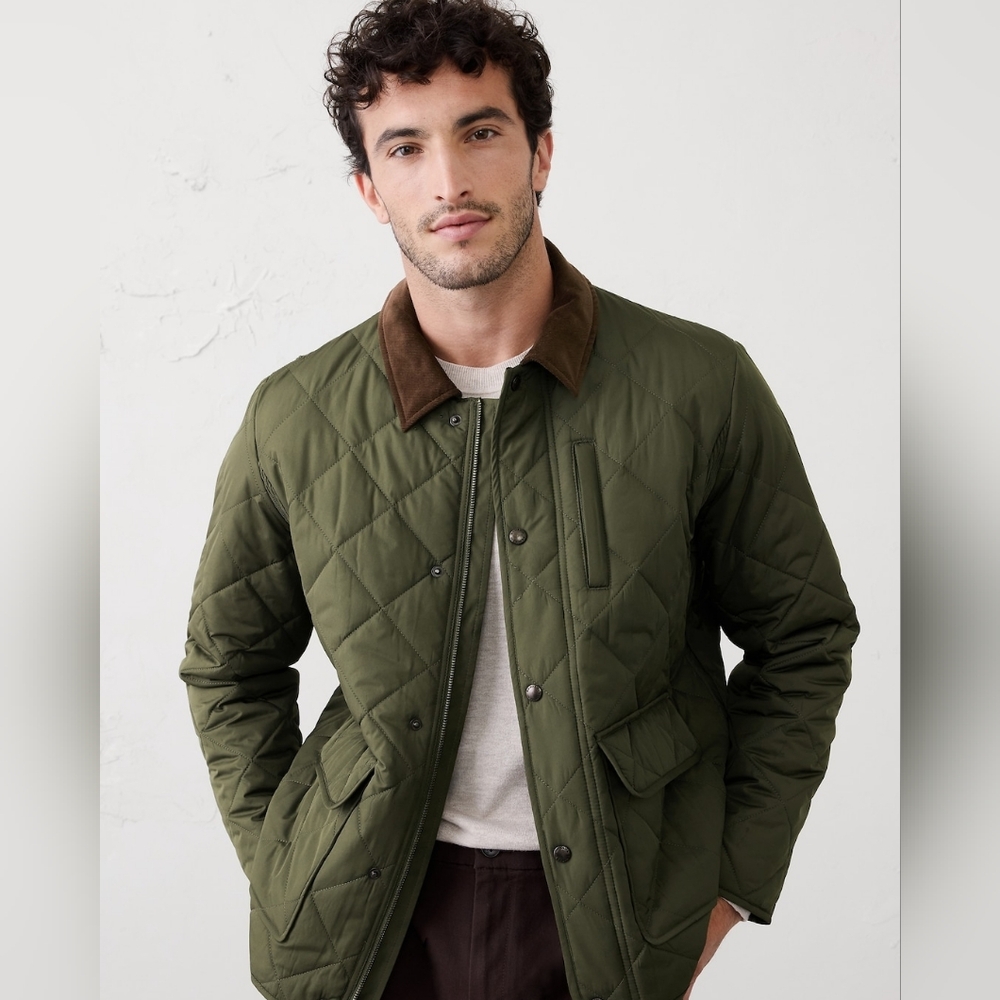 Men's Quilted Olive Green Jacket with Contrast Corduroy Collar